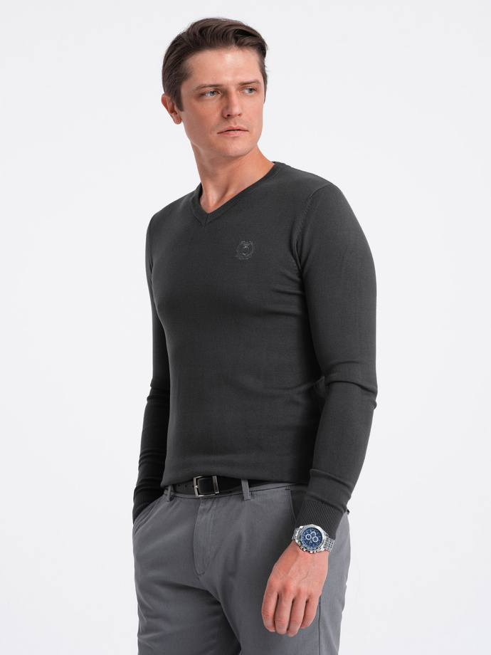Elegant men's sweater with a heart neckline - graphite V17 OM-SWBS-0107
