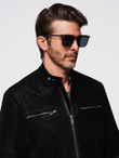 Stylish men's eco leather biker jacket with collar - black V2 C637