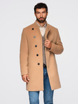 Men's coat with asymmetrical fastening and high collar - light brown V4 OM-COWC-0141
