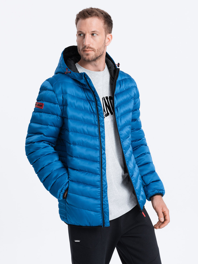 Men's quilted jacket with satin finish - intense blue V6 OM-JALP-0121