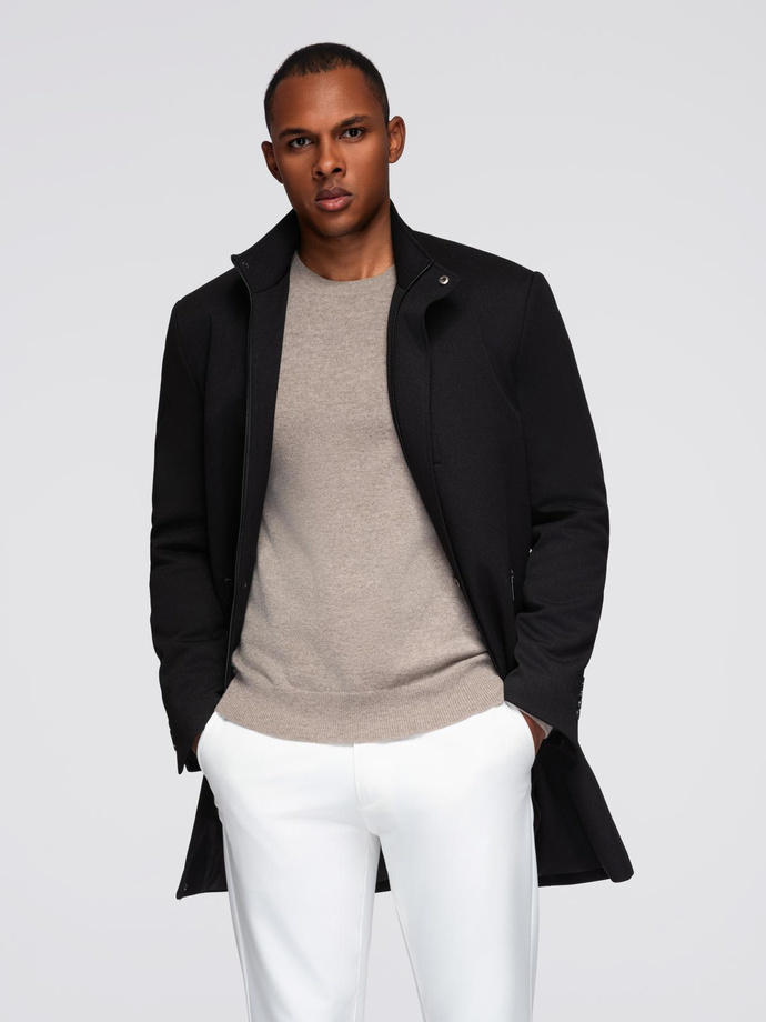 Men's coat with asymmetrical fastening and high collar - light brown V4 OM-COWC-0120