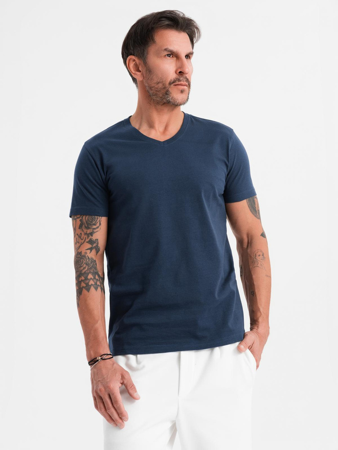 Men's BASIC classic cotton T-shirt with a v-neck - navy blue V2 OM-TSBS-0237