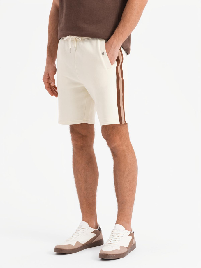 Men's sweat shorts with piping and drawstring waistband - cream V3 OM-SRSK-0156