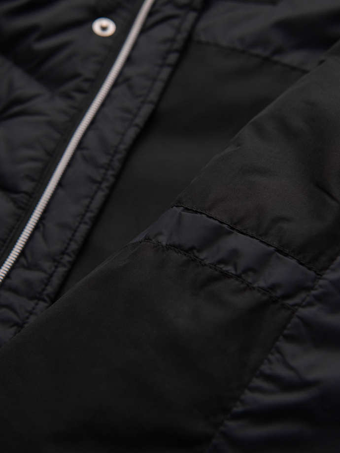 Men's quilted jacket with combined materials and hood - navy blue V3 OM-JALJ-0266