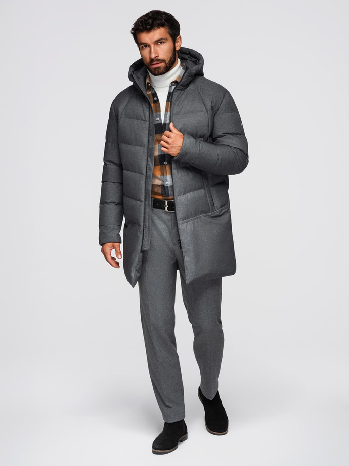 Men's long quilted jacket with hood - grey V2 OM-JALJ-0264