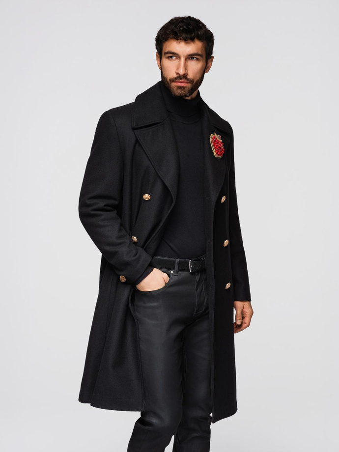 Men's double-breasted wool coat with decorative appliqués - black V1 OM-COWC-0147