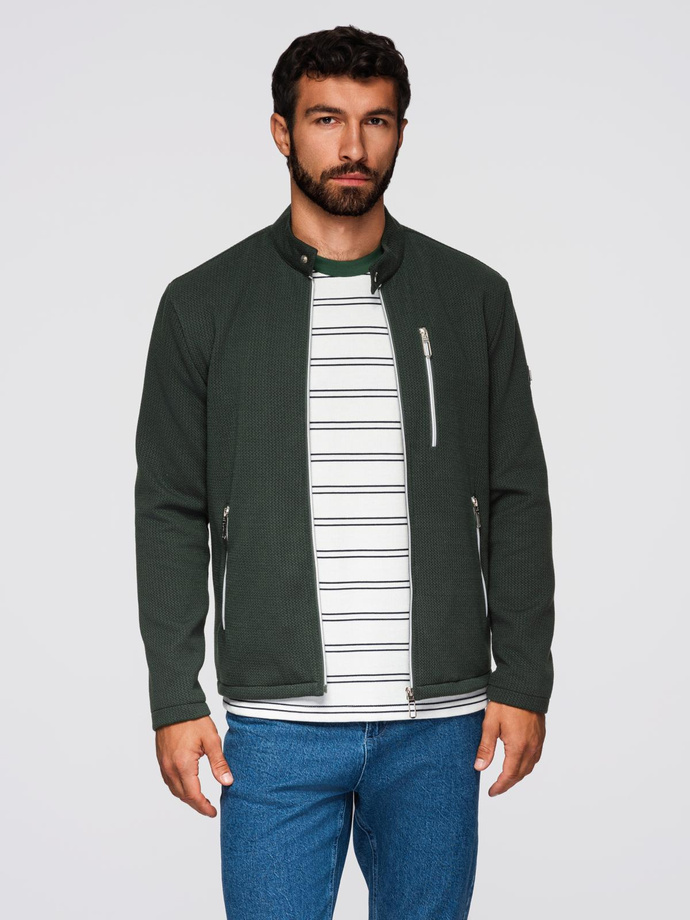 Structured men's biker jacket with stand-up collar - dark green V3 OM-JANP-0229