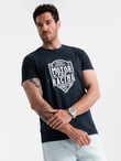 T-shirt męski z nadrukiem w stylu motocyklowym – granatowy V4 OM-TSPT-0125