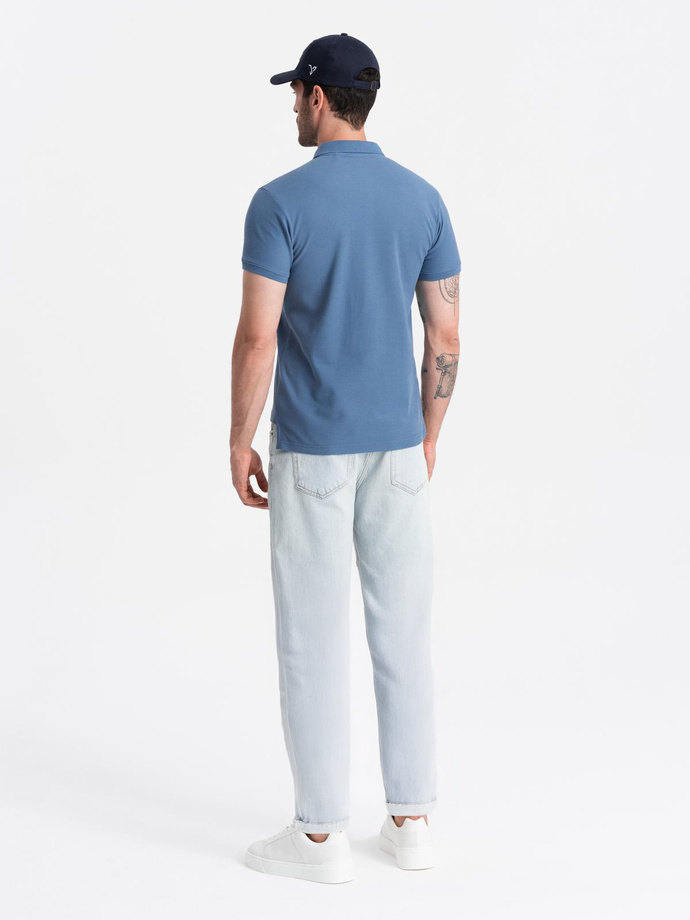 BASIC men's single color pique knit polo shirt - blue V16 OM-POBS-0100