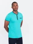 Men's henley t-shirt with decorative ribbing - turquoise V7 OM-TSCT-0175