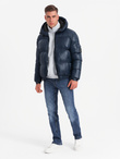 Warm men's puffer jacket with welts - navy blue V2 OM-JAHP-0207