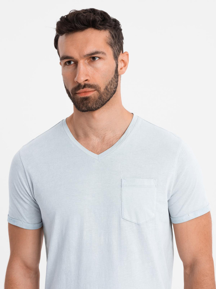 Męski bawełniany t-shirt V-neck z dzianiny z efektem sprania - szary V8 OM-TSWT-0242