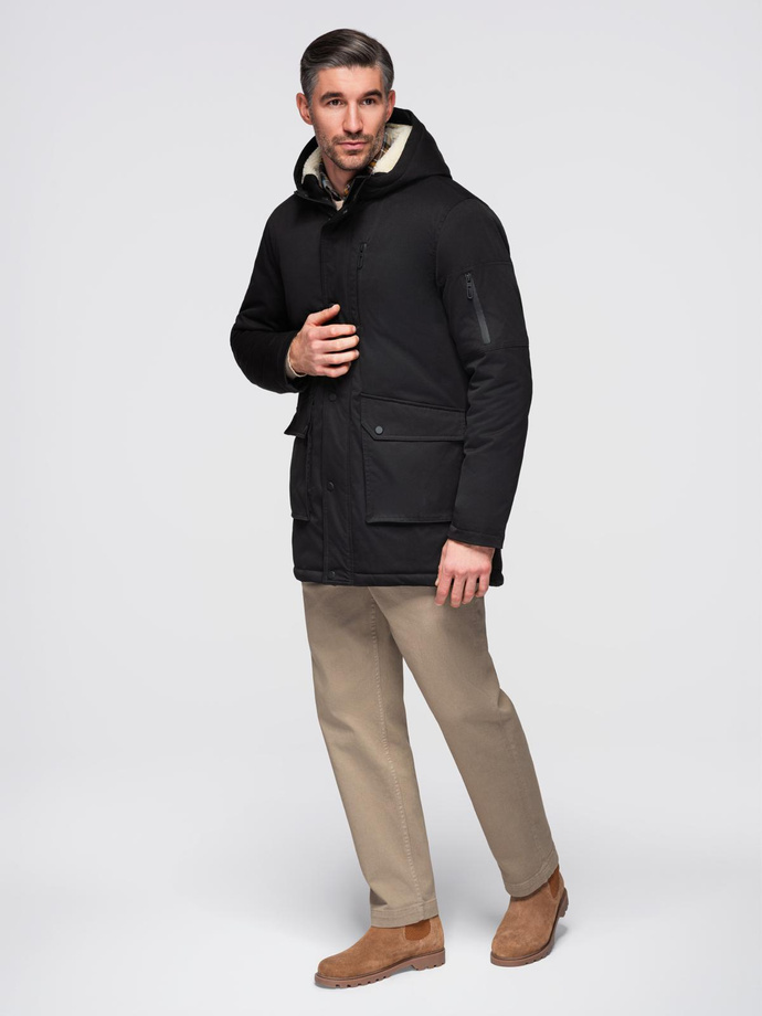 Men's long parka jacket with sheepskin - black V4 OM-JAPJ-0316