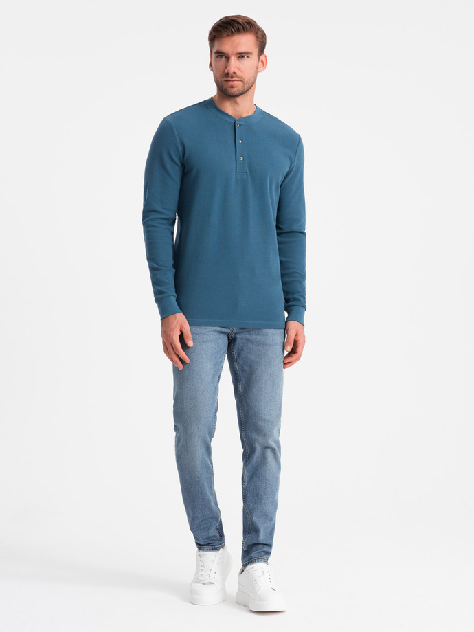 Longsleeve męski z dzianiny waflowej zapinany pod szyją – niebieski denim V4 OM-LSCL-0120