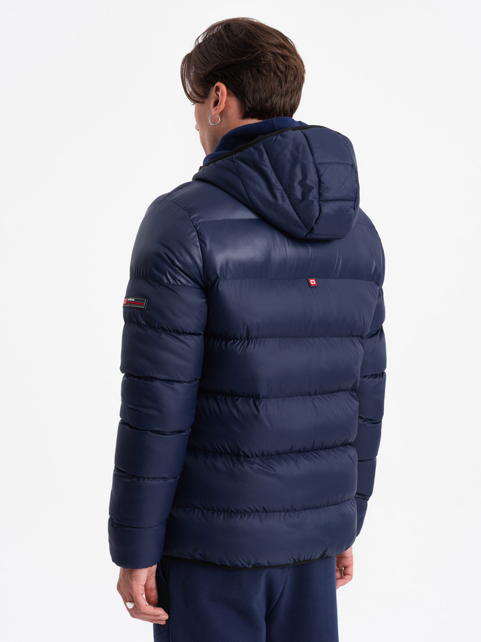 Men's winter quilted jacket of combined materials - navy blue V2 OM-JAHP-0145