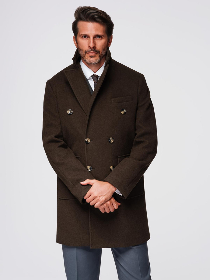 Men's coat with asymmetrical fastening and high collar - light brown V4 OM-COWC-0120
