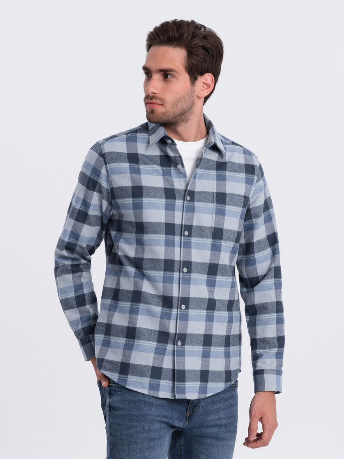 Flanelowa koszula męska w kratę - niebiesko-szara V1 OM-SHCS-0150
