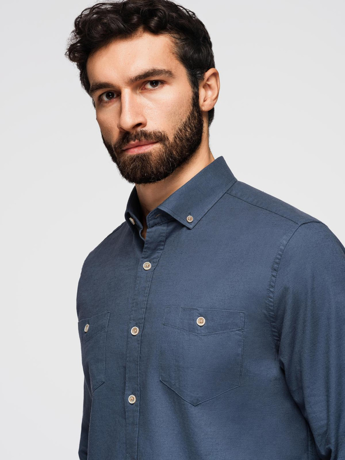 Men's linen shirt with classic collar and pockets REGULAR FIT - blue V4 OM-SHCS-0134