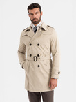 Elegancki męski płaszcz trencz SLIM FIT z paskiem – beżowy V1 OM-COSC-0126