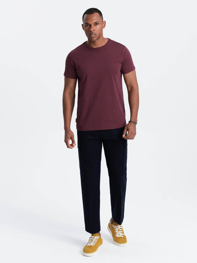 Klasyczny T-shirt męski bawełniany BASIC - bordowy V10 OM-TSBS-0146