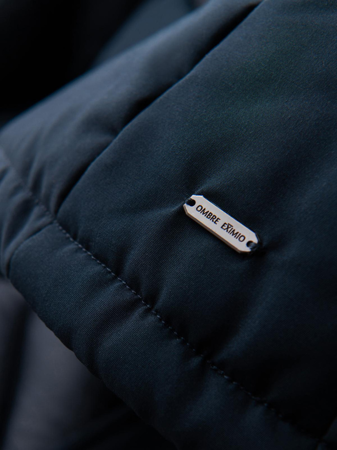 Men's hooded jacket with geometric diamond quilting - navy blue V2 OM-JAHP-0237