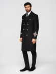 Men's double-breasted coat with wool and bead appliqués on sleeves - black V1 OM-COWC-0148