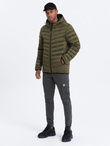 Men's quilted jacket with satin finish - dark olive green V13 OM-JALP-0121