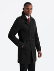 Elegancki płaszcz męski trencz SLIM FIT z paskiem – czarny V2 OM-COSC-0126