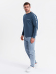 Men's cotton U-neck longsleeve with piping and chest print - dark blue V1 OM-LSCL-0127