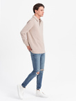 Bluza męska z kołnierzykiem polo ze strukturalnej dzianiny - beżowa V2  OM-SSNZ-0149
