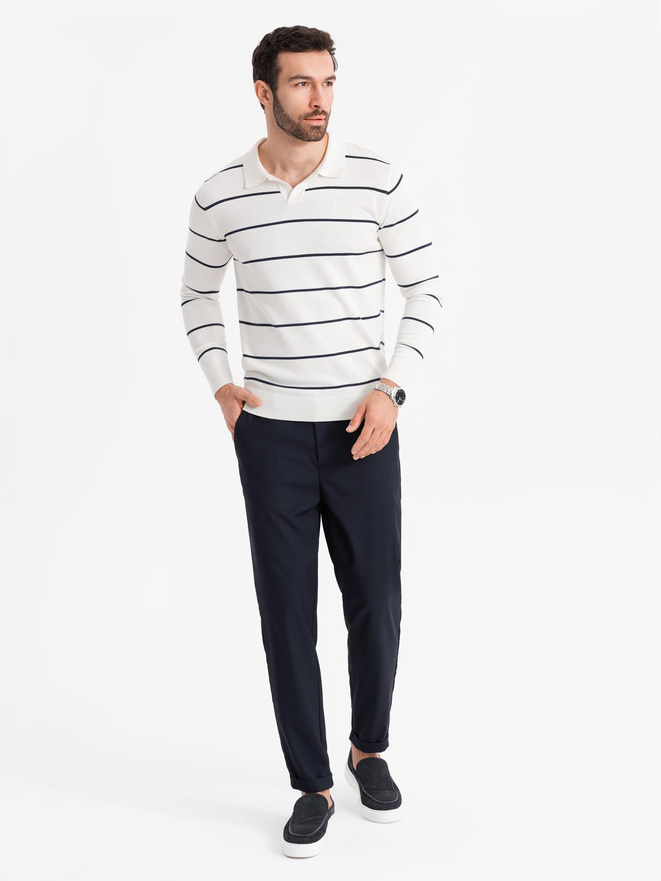 Męski longsleeve polo w poziome paski z wiskozą – biało-granatowy V2 OM-POLS-0146