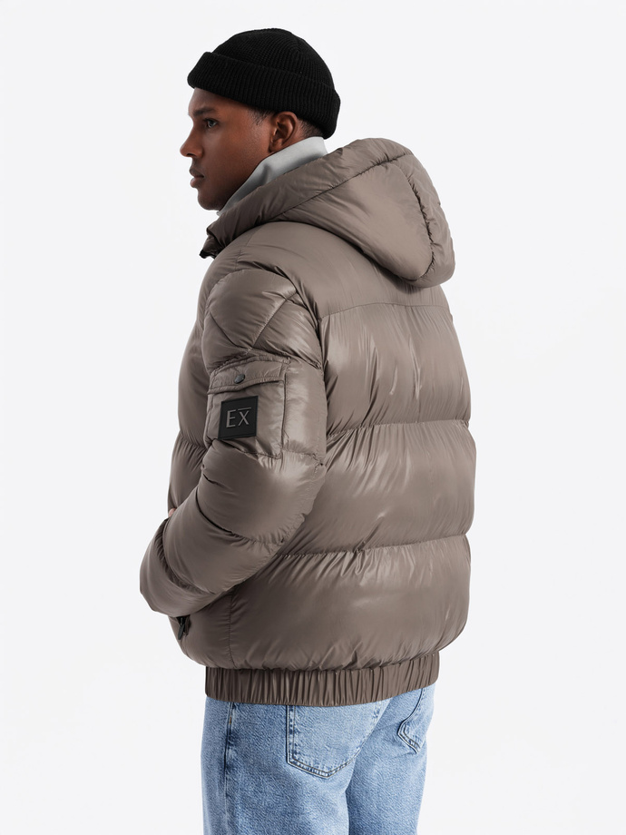 Ciepła męska kurtka puffer ze ściągaczami – ciemnobeżowa V3 OM-JAHP-0207