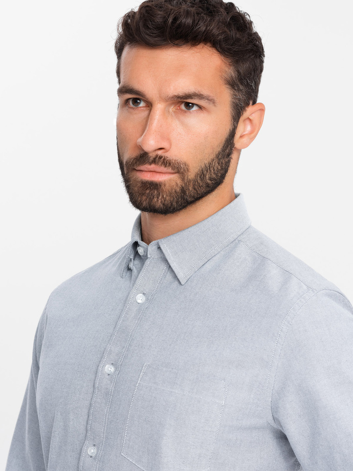 Elegant men's oxford shirt with embroidery and pocket - light grey V2 OM-SHOS-0173
