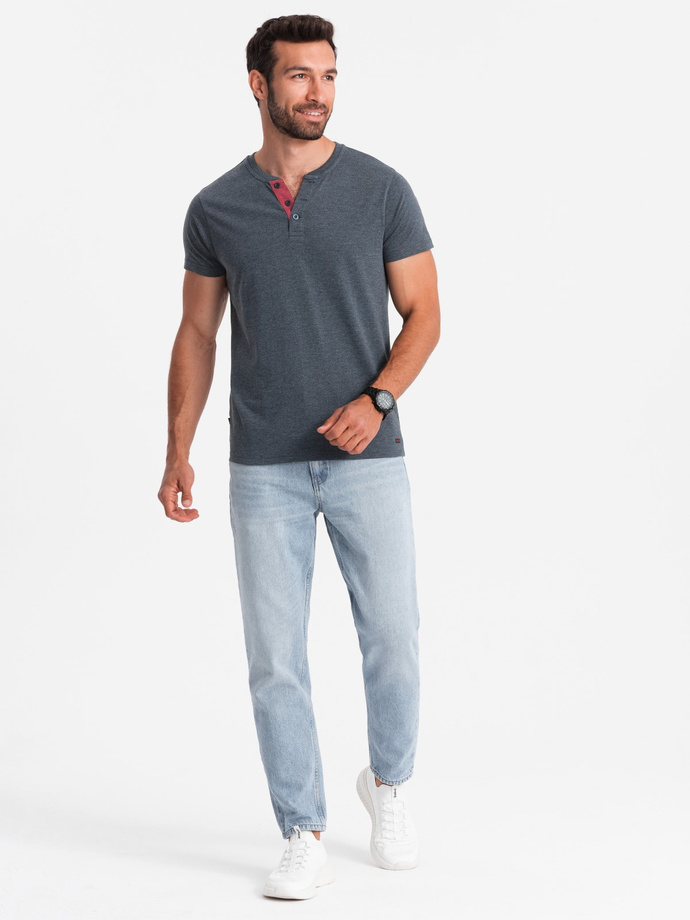 Men's T-shirt with unbuttoned round henley neckline - navy blue V5 OM-TSCT-0155