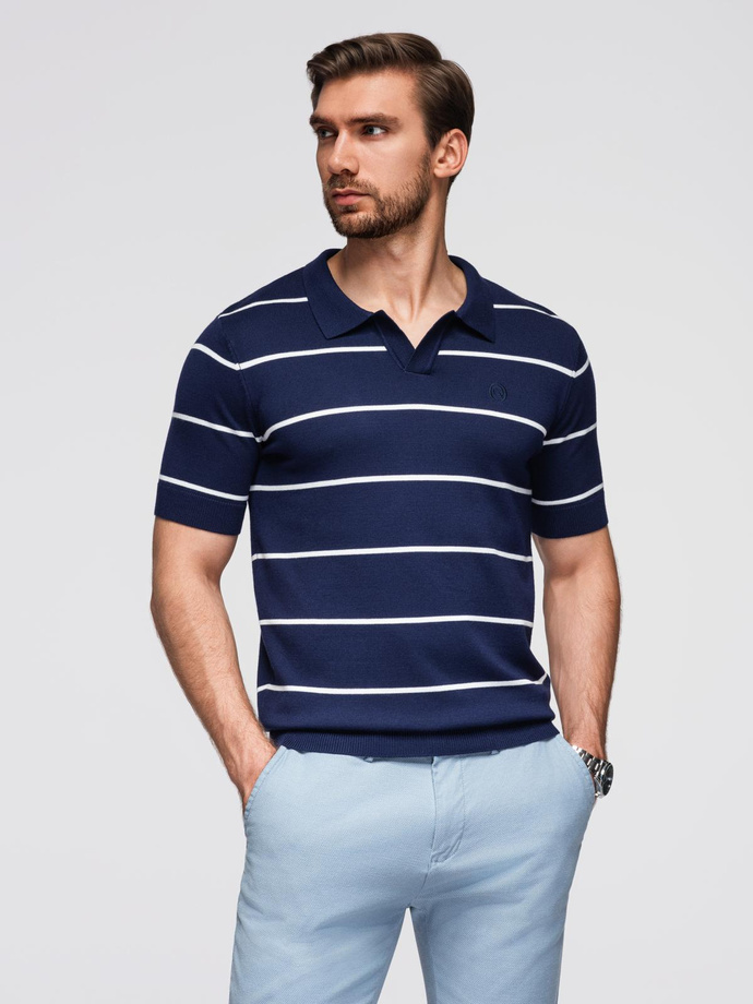 Męska koszulka polo w poziome paski z wiskozą – granatowo-biała V1 OM-POSS-0145