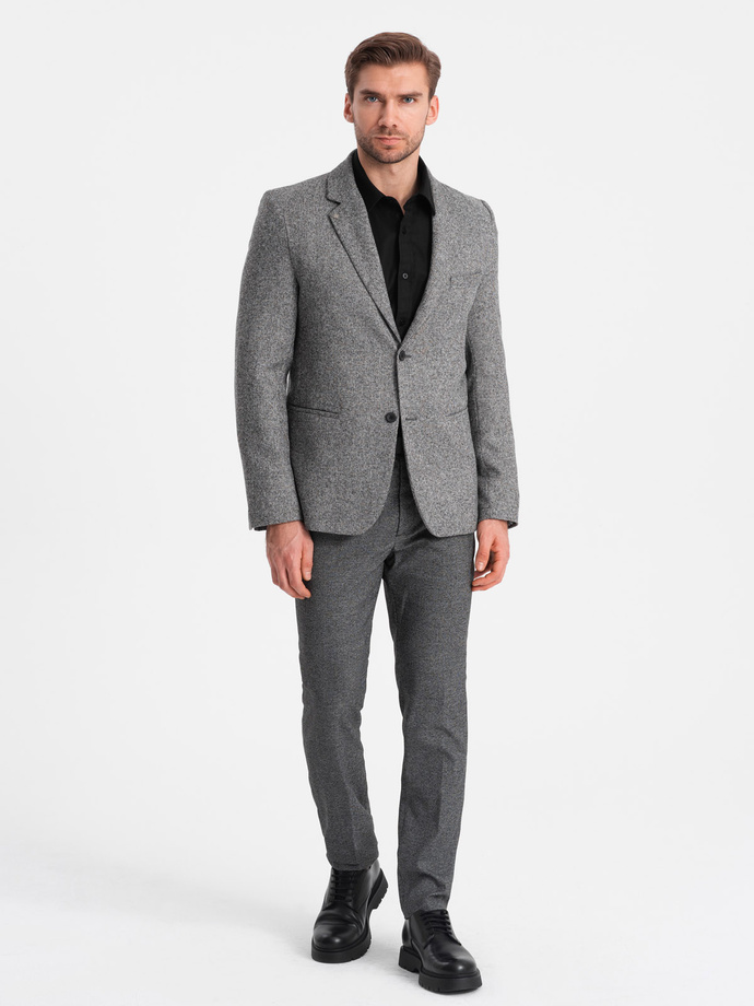 Men's casual blazer with decorative pin on lapel - grey melange V1 OM-BLZB-0120
