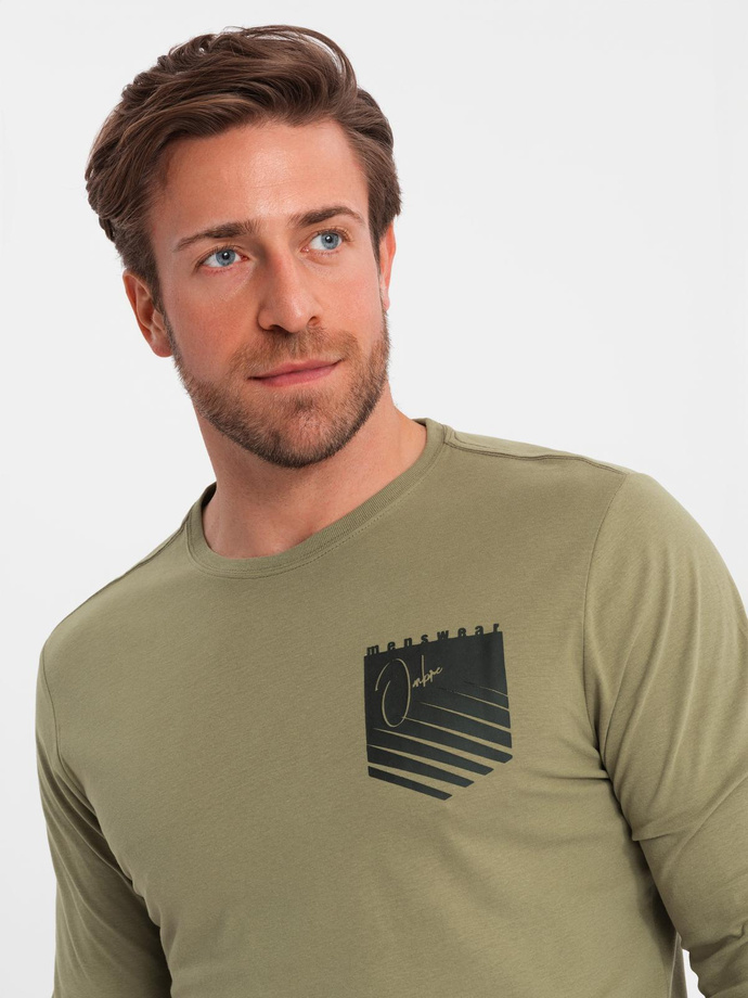 Longsleeve męski z printem w kształcie kieszonki - oliwkowy V2 OM-LSPT-0118