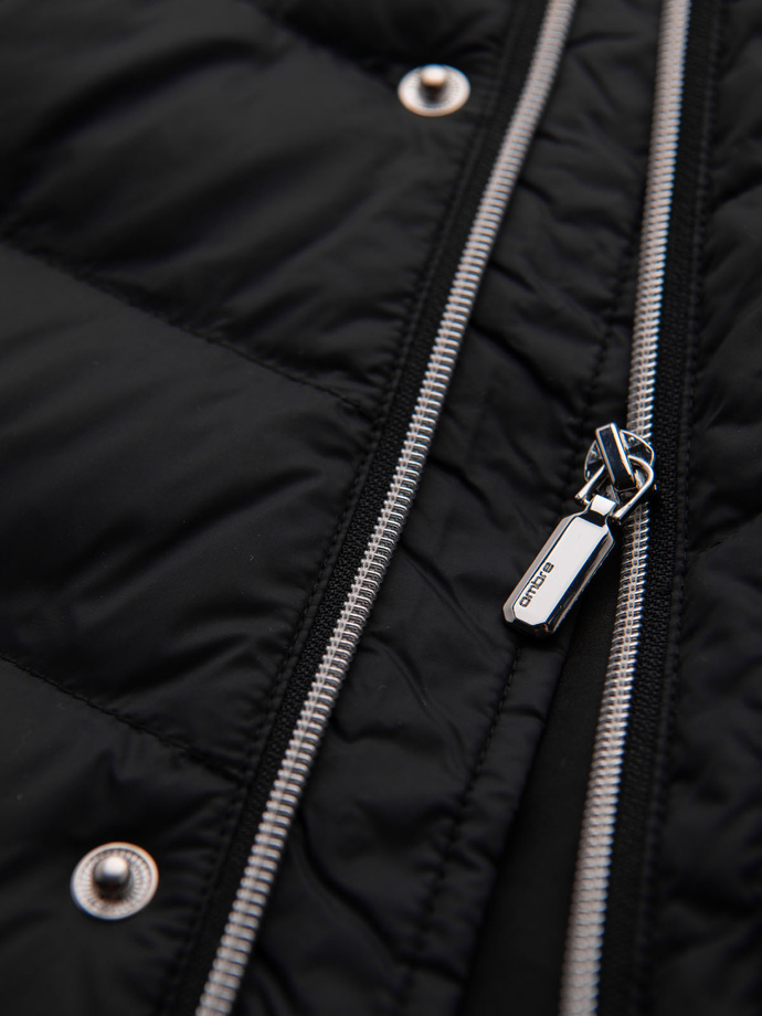 Men's quilted jacket with combined materials and hood - navy blue V3 OM-JALJ-0266