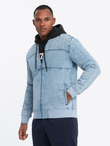 Kurtka męska jeansowa bomberka z efektem stone wash – jasnoniebieska V3 OM-JADJ-0163