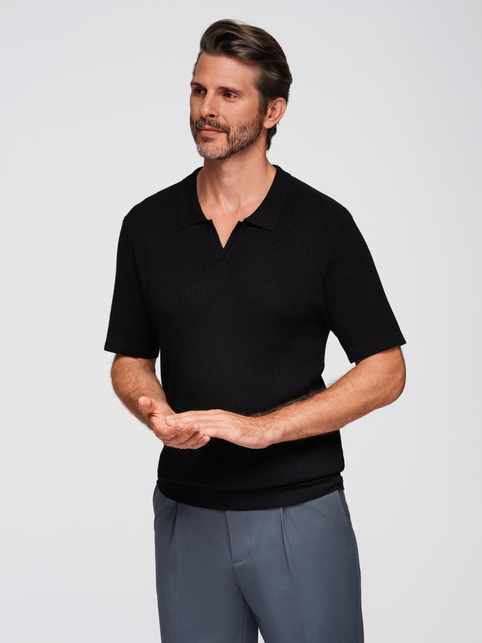 Men's buttonless polo shirt with open collar - black V2 OM-POSS-0160
