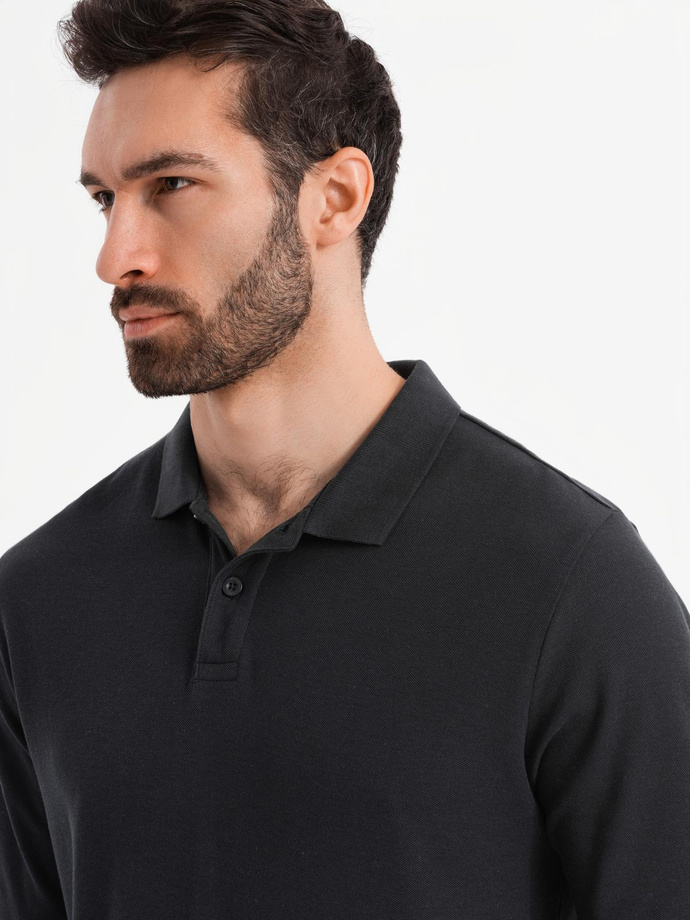 Longsleeve męski z kołnierzykiem polo BASIC – czarny V2 OM-POBL-0114
