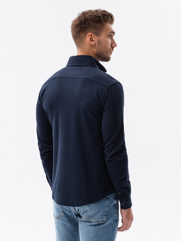 Dzianinowa męska koszula SLIM FIT z długim rękawem – granatowa V2 OM-SHCS-0177 