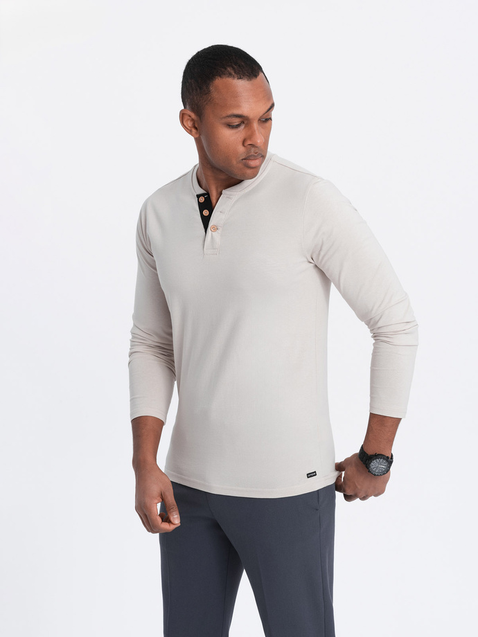 Men's longsleeve with buttons at the neckline - light beige V6 OM-LSCL-0107