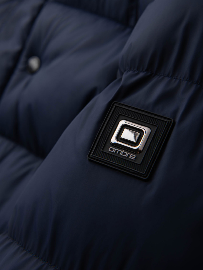Men's quilted jacket with high zipped hood - navy blue V2 OM-JAHP-0238