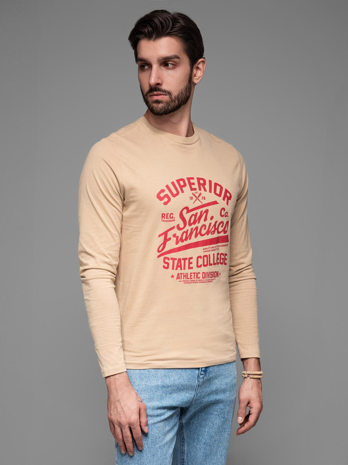 Men's long sleeve collegiate print t-shirt - sand V1 OM-LSPT-0116