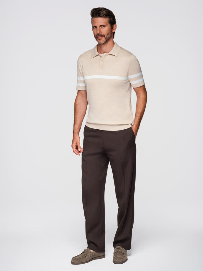 Men's soft knit polo shirt with contrasting stripes - beige V4 OM-POSS-0118