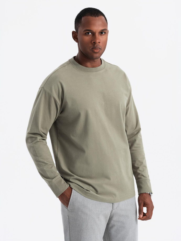 Bawełniany longsleeve męski LOOSE FIT z okrągłym dekoltem – khaki V4 OM-LSBC-0129