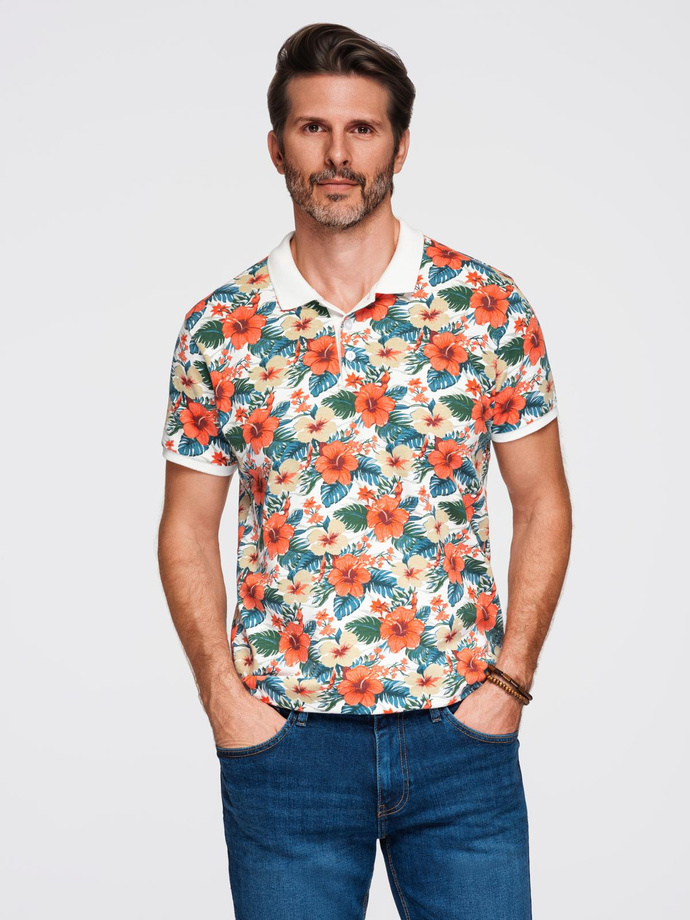 Koszulka polo bawełniana z nadrukiem w kwiaty – biała V1 OM-POSS-0149