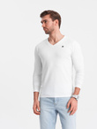 Set of men's SLIM FIT longsleeves with V-neck and logo 2-pack - 2x white V4 Z103
