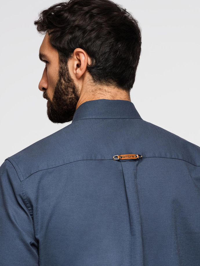Men's linen shirt with classic collar and pockets REGULAR FIT - blue V4 OM-SHCS-0134